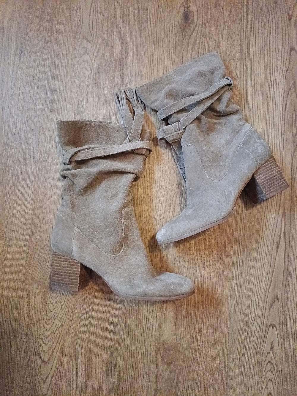 Tahari Taupe Suede Mid Heel Slouch Boots